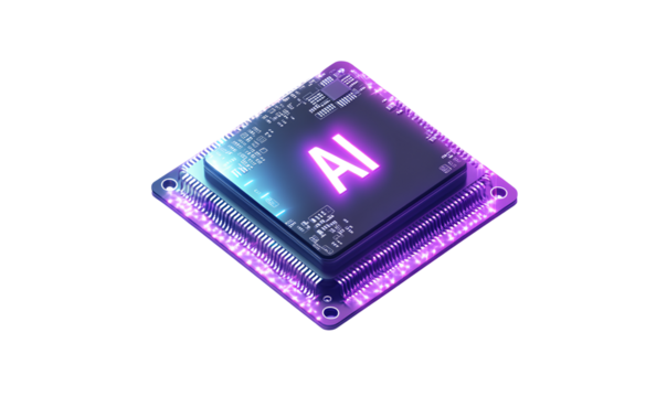 3D icon of an artificial intelligence chip with the letters AI on it, white background, transparent PNG
