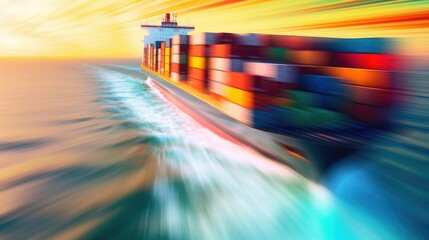 A large cargo ship sailing on the ocean with colorful containers and bright sunlight in the background.
