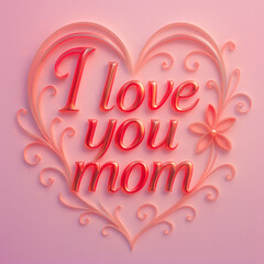 Romantic "I Love You Mom" Typography Design with Glossy Pink and Red Lettering, Heart-Shaped Flourishes, and Floral Accents on a Soft Gradient Background – Elegant Mother's Day Greeting Art