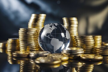 Glass Globe Surrounded by Gold Coins Representing Global Finance and Wealth
