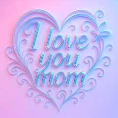 Whimsical "I Love You Mom" Typography in Glossy Blue and Pink with Heart-Shaped Flourishes and Floral Accent on Dreamy Pastel Gradient Background – Soft and Elegant Mother's Day Design