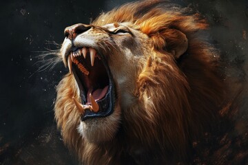 fierce male lion mid-roar, mane blowing, teeth bared, photoreal, transparent background