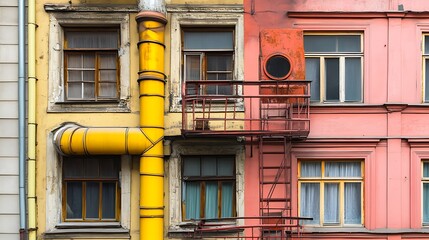 Old building facade with yellow pipe
