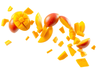 Fresh Mango Pieces Falling, Juicy Tropical Fruit Exploding