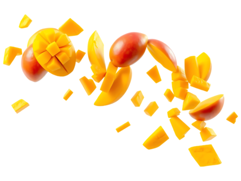 Fresh Mango Pieces Falling, Juicy Tropical Fruit Exploding