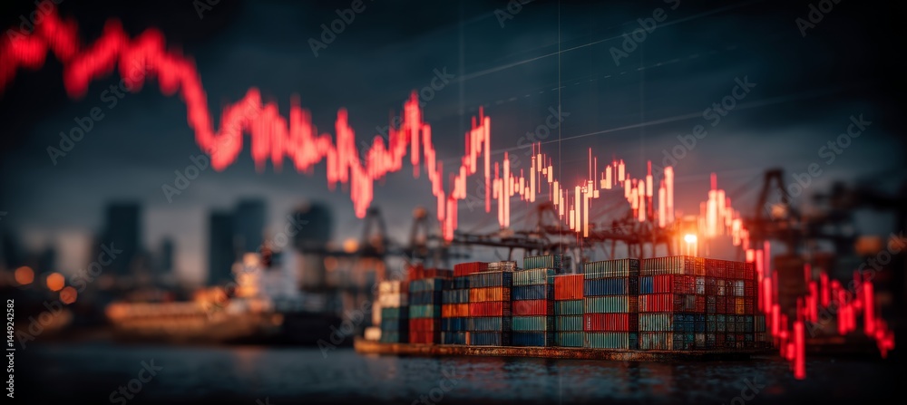 Poster Market crash crisis with container port background. Finance statistic value trade data. Bankruptcy investment recession. Generative AI technology.	
