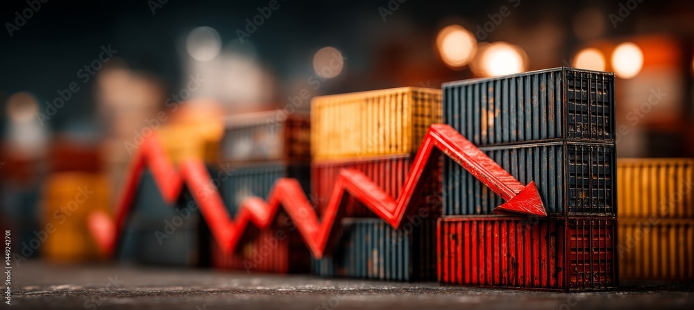 Poster stock market crash crisis chart with container cargo goods. finance statistic value trade data. bank