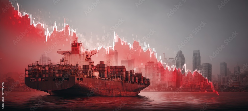 Poster Red graph chart. World global shipping trade. Finance statistic value  data. Bankruptcy investment recession. Generative AI technology.	
