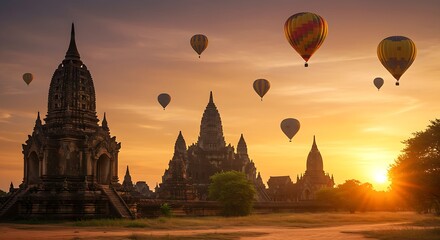 Hot air balloons floating over ancient temples at sunset