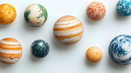 Fototapeta premium Colorful celestial bodies arranged on white background Intricate details showcase textures and swirling patterns