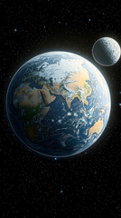 Fototapeta premium Earth and Moon in the cosmos. Detailed image of Earth with visible continents, oceans and a moon in the background against a backdrop of stars
