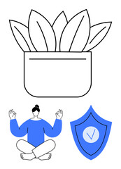 Potted plant symbolizes growth, shield with checkmark indicates security, and person meditating represents mindfulness. Ideal for wellness, self-care, security, balance, health, growth themes simple