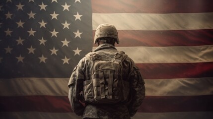A soldier in uniform standing in front of an American flag, with a focus on the back of the uniform and the flag.