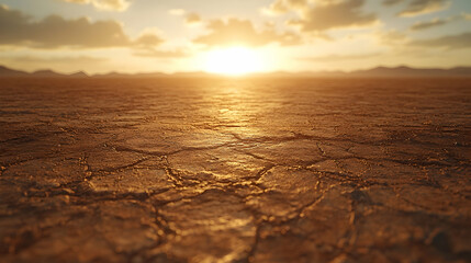 Obraz premium Sunset over cracked earth distant mountains silhouetted against a fiery sky Golden light bathes the arid landscape