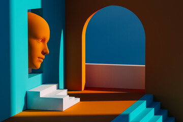 Minimalist 3D interior with vibrant colors and shapes