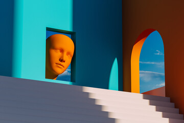 Minimalist 3D interior with vibrant colors and shapes