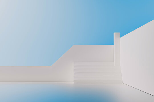 Surreal minimalist space with stairs and light blue sky