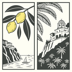 Italian amalfi sicily style vacation hand drawn vector illustrations