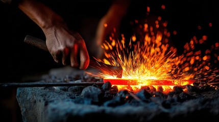 A blacksmith's hands shaping glowing metal with a hammer.