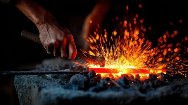 A blacksmith's hands shaping glowing metal with a hammer.