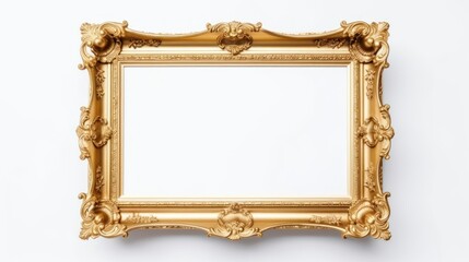 A gold-framed painting with intricate designs on a white wall.
