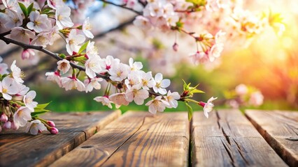 branch of flowering cherry on wooden table, blossoms, garden inspiration