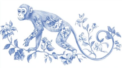 Obraz premium Blue and White Floral Monkey Illustration