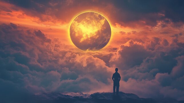 A lone figure standing in the foreground looking up at a large, orange, orb like object hovering in the sky with a swirling cloudy background.