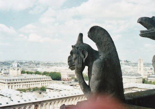 Film photography of a Notre Dame gargoyle overlooking Paris cityscape