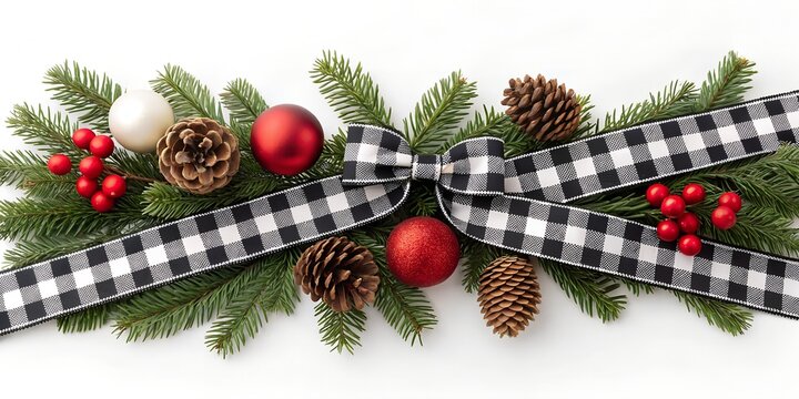 Christmas border of ornaments and black and white buffalo plaid ribbon isolated on white. Christmas border of ornaments and black and white checked buffalo plaid ribbon isolated on a white background