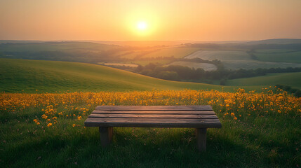 Fototapeta premium Wooden bench sits amidst a field of yellow wildflowers overlooking rolling green hills bathed in the golden light of su