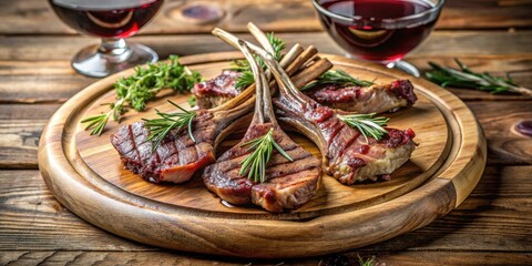 Succulent grilled lamb chops on a rustic wooden plate, garnished with fresh rosemary and thyme, atop a red wine reduction sauce, herb sauce, grilled meat
