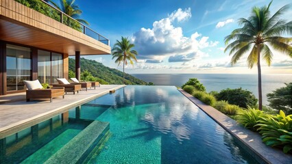 Fototapeta premium Luxurious villa with infinity pool overlooking crystal clear waters and lush greenery in a tropical paradise, resort life, poolside view