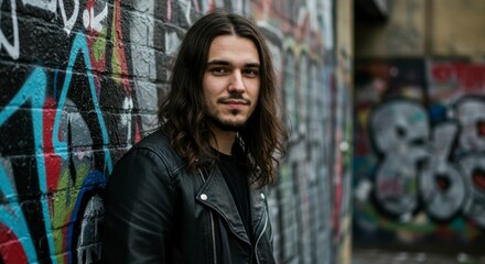 Fototapeta premium Urban portrait of a young man leaning against a graffiti-covered brick wall