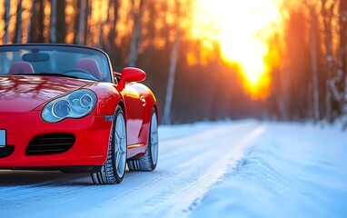 Red convertible car on snowy road at sunset