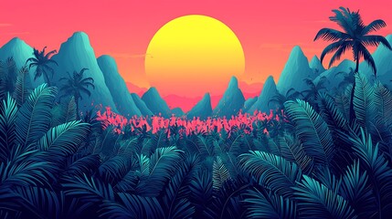 Vibrant Pixel Art Tropical Sunset Landscape