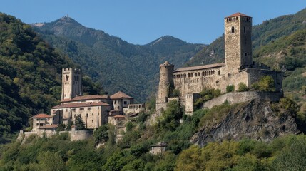 Ancient stone structures nestled among mountain slopes.