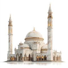 Fototapeta premium Elegant mosque, intricate design, light-colored stone, golden accents, Islamic architecture, two minarets, dome, reflection
