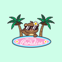 Cute Kawaii Happy Bear waving and holding surfboard with coconut tree background Cartoon Vector Illustration Logo Mascot. Summer Bear Animals Hand Drawn Retro Flat Cartoon