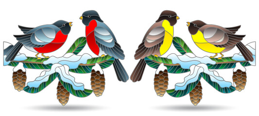 A set of stained glass illustrations with bright birds on fir branches, isolated on a white background