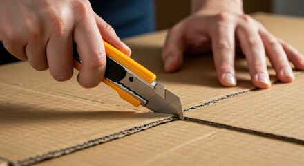 Close-up view of a person's hand using a yellow utility knife to precisely cut open a brown corrugated cardboard box, preparing it for unpacking or disposal.