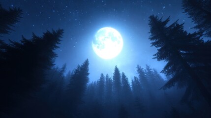 Mysterious moonlit forest, dense silhouettes of trees against a bright full moon, evokes a sense of enchantment and wonder.
