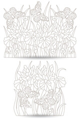 Obraz premium A set of contour illustrations in the style of stained glass with iris flowers and butterflies, dark contours on a white background