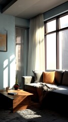 Fototapeta premium Sunny Living Room with Sofa and Coffee Table