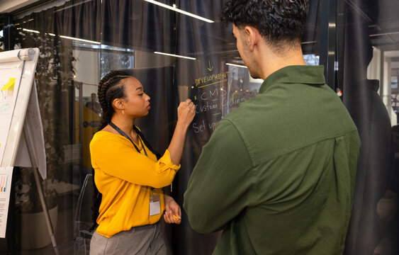 Team brainstorming session with glass board writing