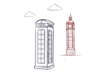 Vector Illustration of London Icons: Big Ben Clock Tower and British Telephone Booth with Minimalist Cloud Details – Representation of British Culture and Travel Concepts