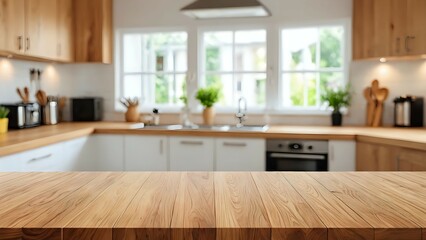 Wooden countertop with blurred view of bright modern kitchen interior and window light. Interior design concept
