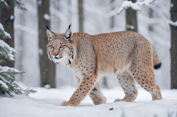 Obraz premium A stunning lynx, spotted and elegant, walks through a snowy forest with grace.