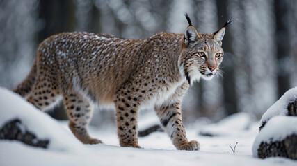 Fototapeta premium A stunning lynx, covered in snow, moves elegantly across a pristine, snow-covered forest.