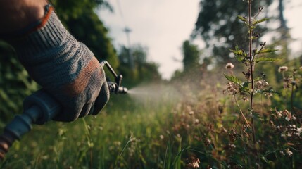 Hand in Glove Spraying Plants with Hose